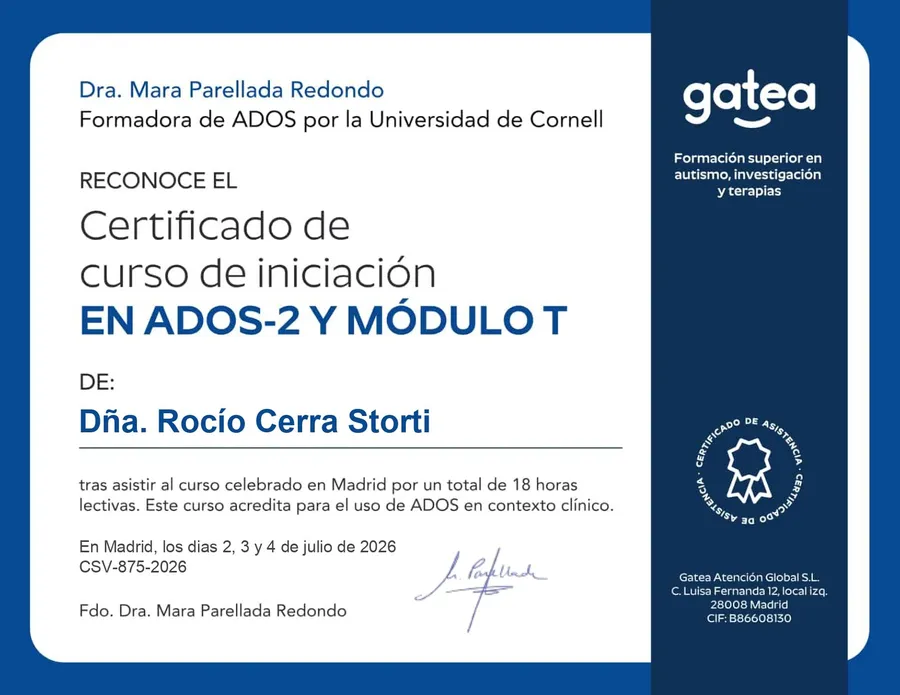 Certificado de formación en ADOS-2 y Módulo T, Gatea Atención Global