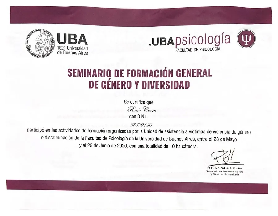 Certificado del Seminario de Formación General de Género y Diversidad, UBA