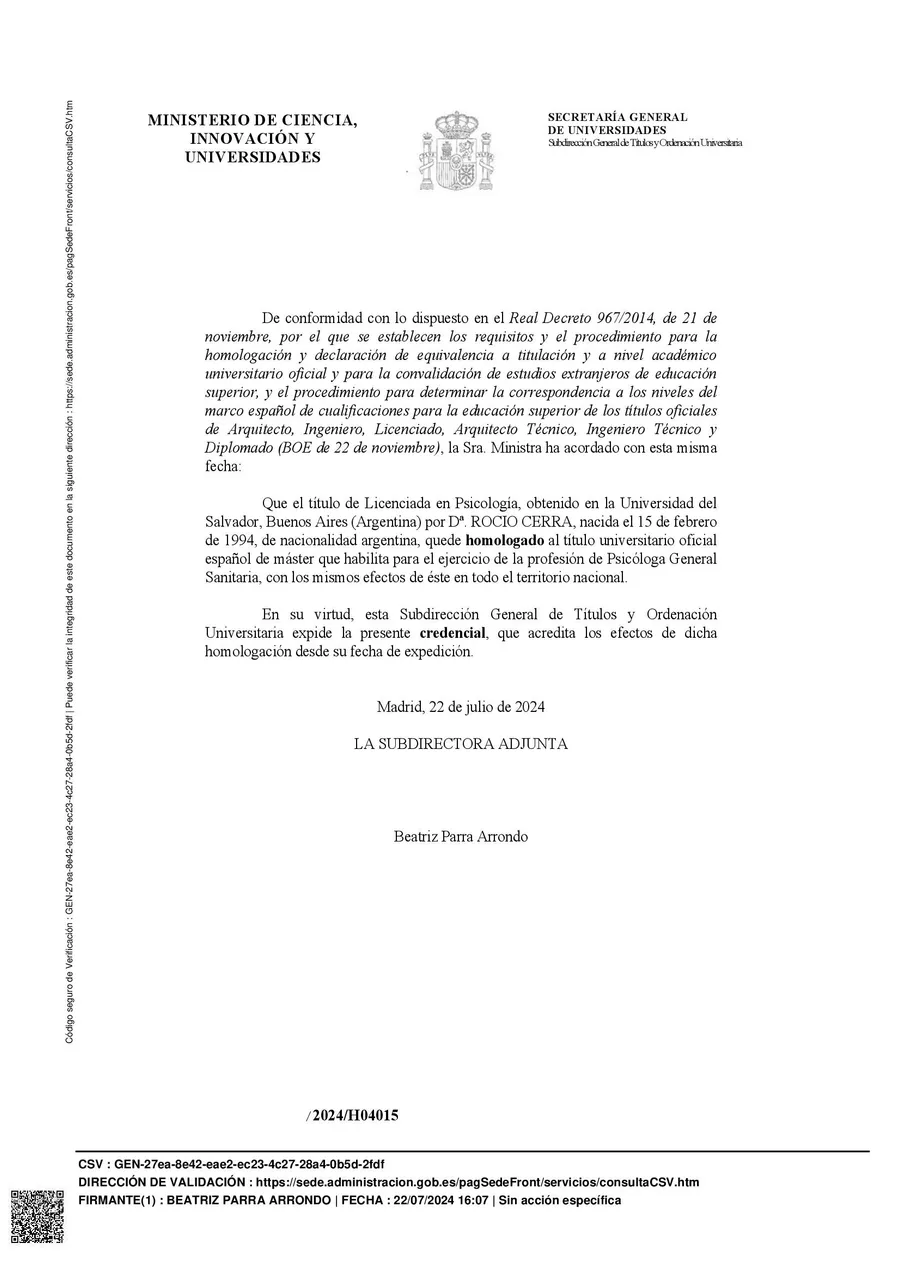 Credencial de homologación a Máster en Psicología General Sanitaria