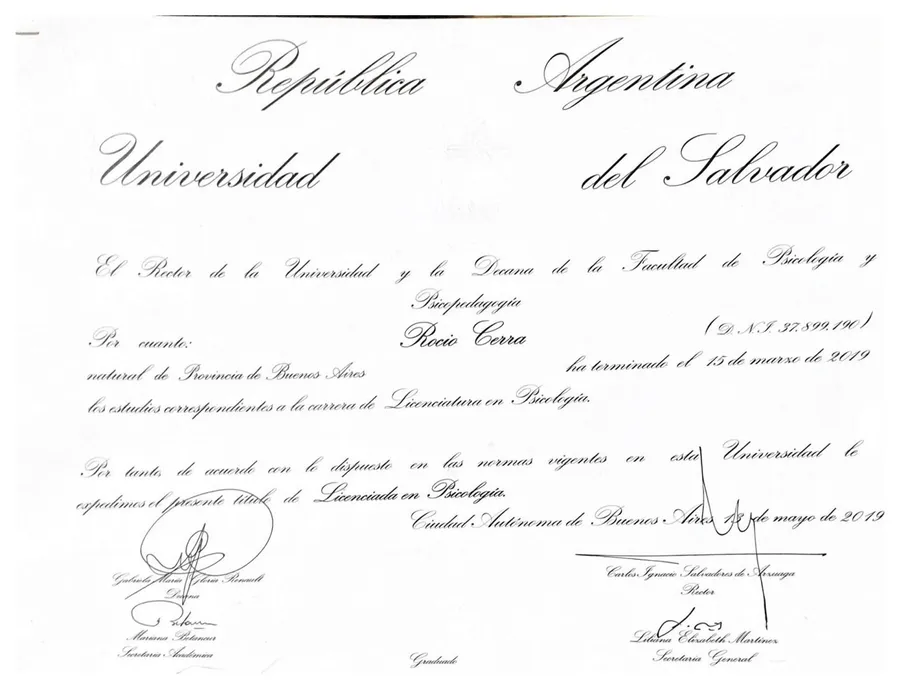 Diploma de Licenciatura en Psicología de la Universidad del Salvador