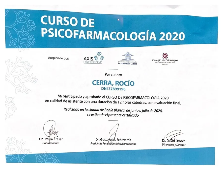 Certificado del curso de Psicofarmacología 2020