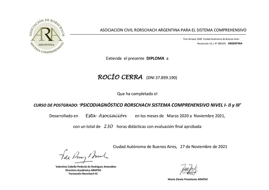 Diploma de postgrado en Psicodiagnóstico Rorschach, Sistema Comprehensivo